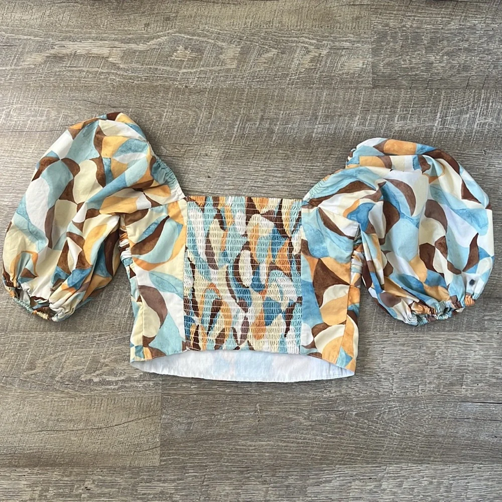 Abercrombie & Fitch Puff Sleeve Square Neck Funky Print Top Size XS